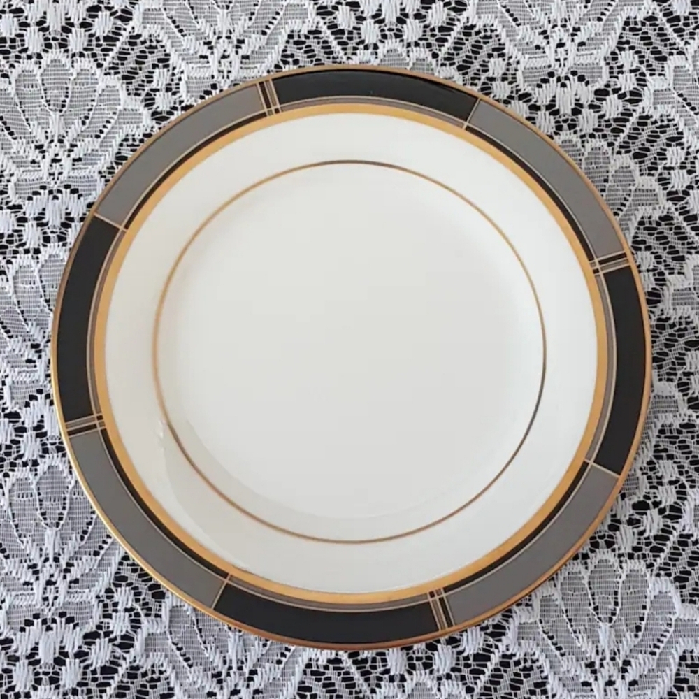 Noritake Society Satin Side Plates: Vintage Black Gray Porcelain Set Modern